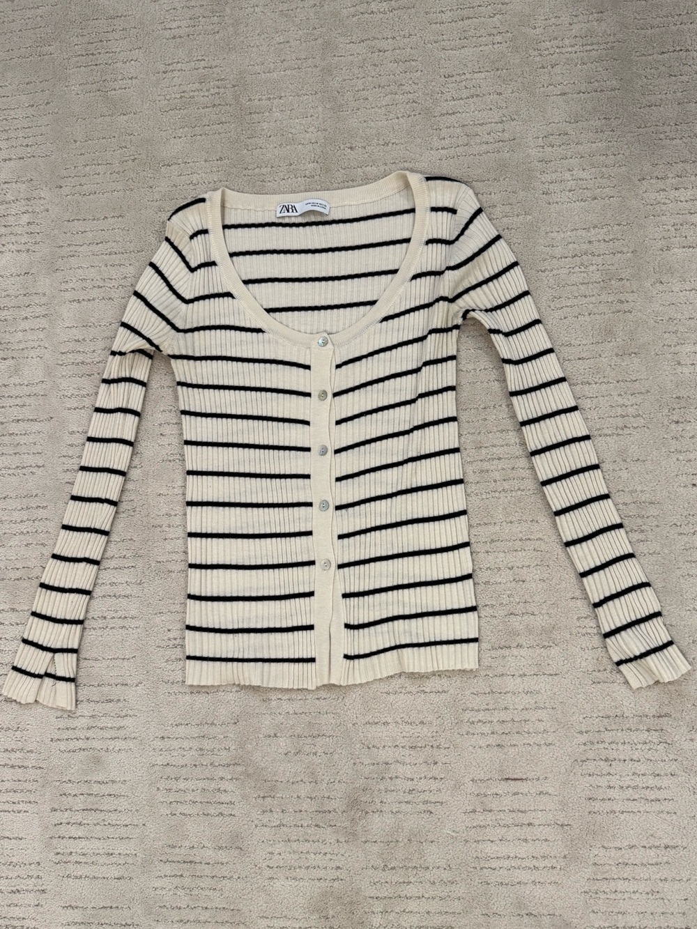 Zara Cream and Black Striped Ribbed Button-Up Cardigan